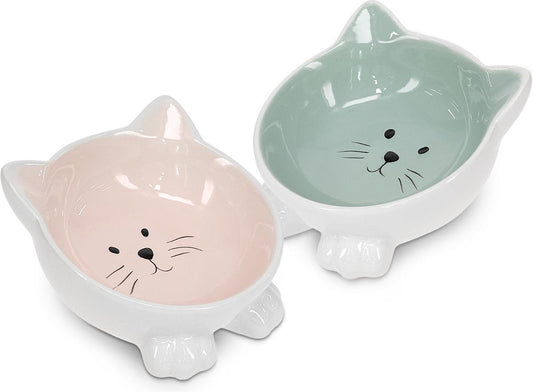  Navaris Voerbakjes Voor Katten - Set Van 2 Voer- En Waterbakken - Etensbak Van Keramiek - Met Antislip Voetjes - Kattenvorm - Roze/Groen