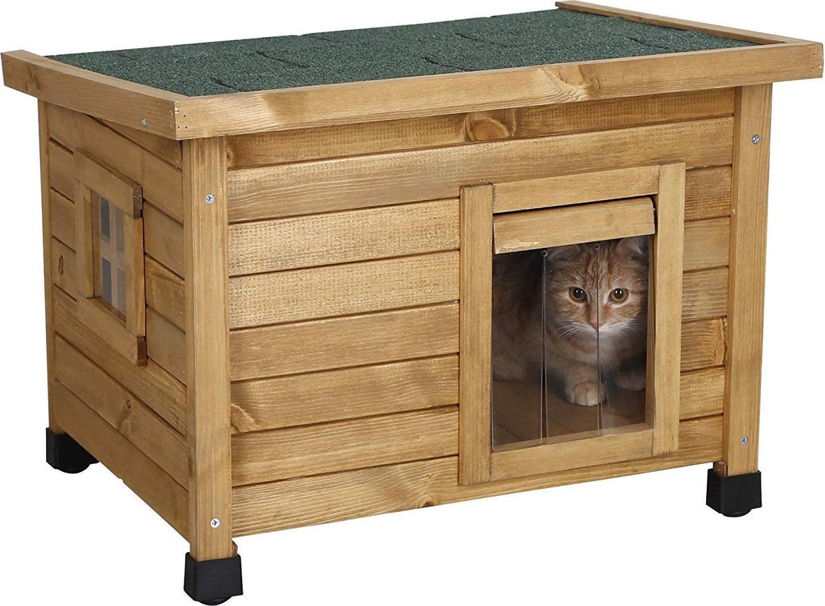 Merkloos Rexa® Kattenhuisje Van Dennenhout 57x45x43cm | Kattenmand Voor Buiten Of In Huis | Beschermt Kat Tegen Kou En Geeft Veilig Gevoel | Makkelijke Ingang | Hoogwaardig Hout | Kattenbak | Katten Huis