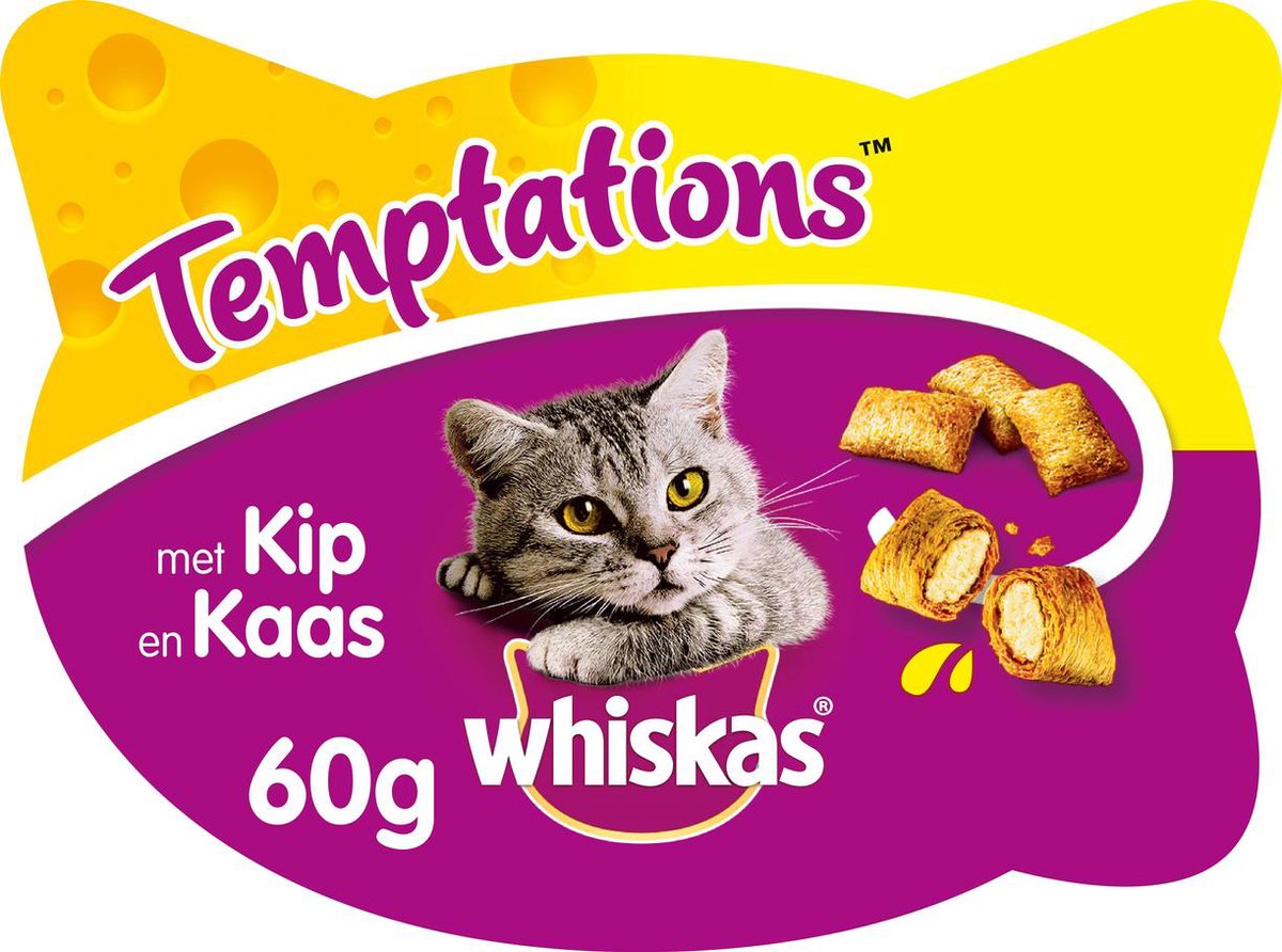  Whiskas Temptations Kattensnacks - Kip En Kaas - 8 X 60 Gr