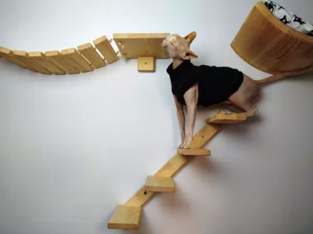  Kattentrap Hout - Linksonder Naar Rechtsboven - Handgemaakte Kattenladder - Katten Klimmuur Klimwand