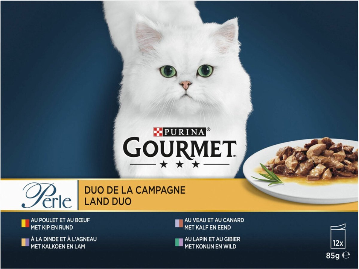  Gourmet Perle Duo – Kattenvoer Natvoer – Met Kip En Rund, Kalkoen En Lam, Kalf En Eend, Konijn En Wild – 48 X 85 Gr