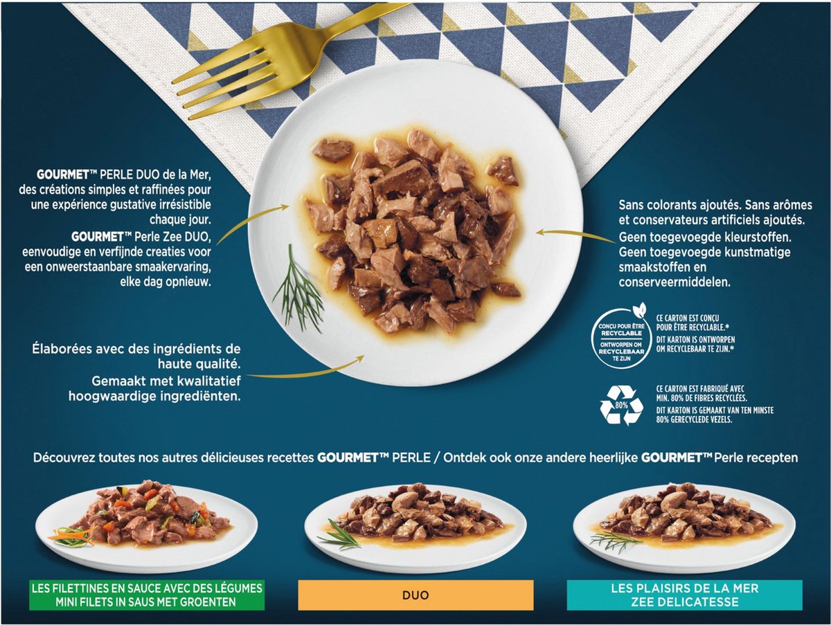  Gourmet Perle Duo – Kattenvoer Natvoer - Met Zalm En Koolvis, Zalm En Witvis, Zeevis En Tonijn, Sardine En Tonijn – 48 X 85 Gr