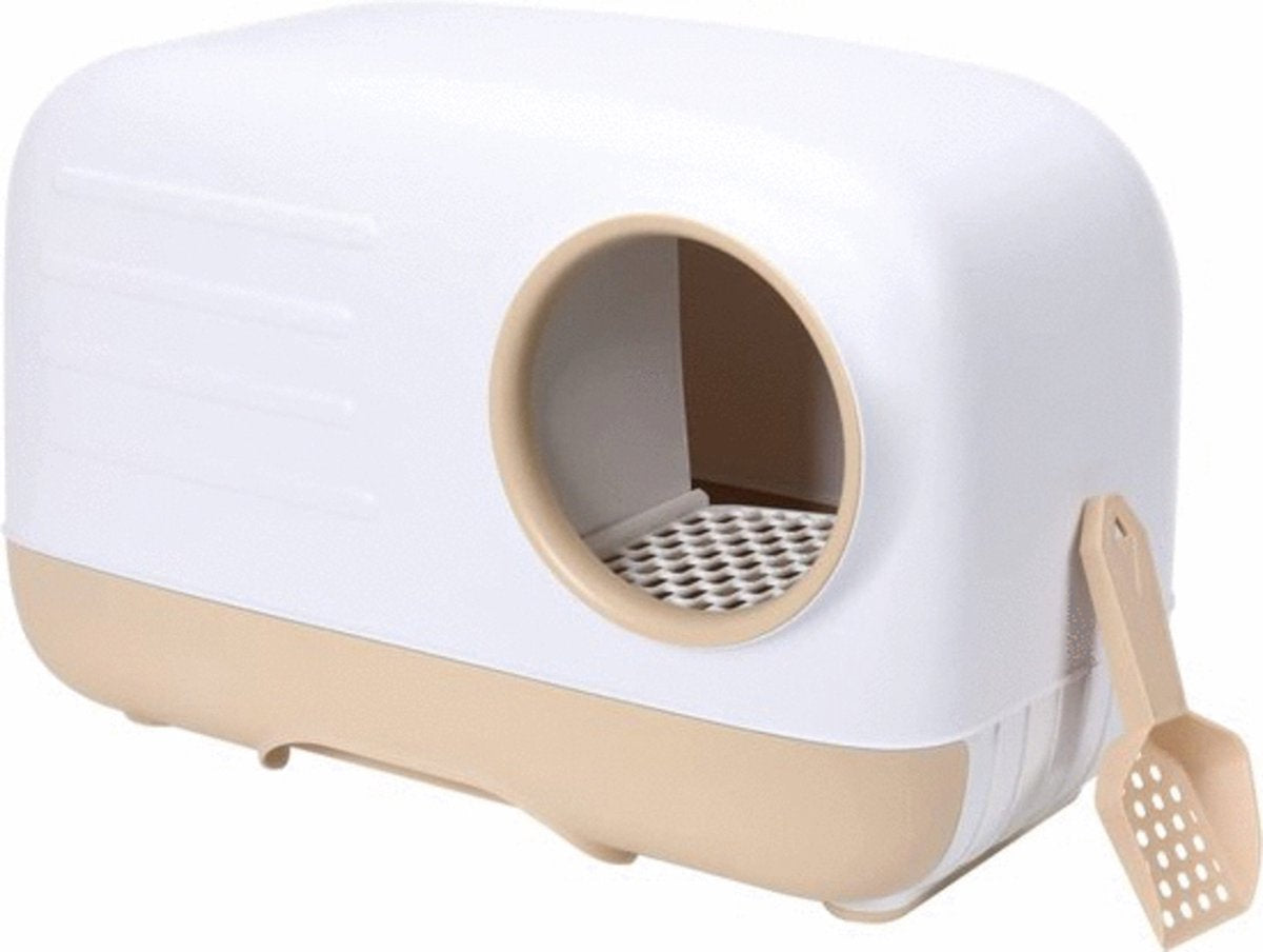 Merkloos PETLUX® XL Kattenbak Retro Design Met Lade, Schep En Opbergruimte - Grote Kattenbak - Kaki