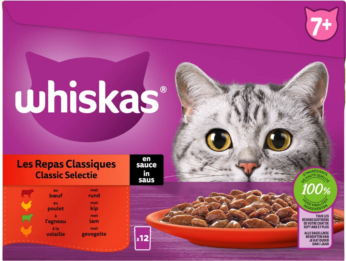  Whiskas 7+ Natvoer - Classic - Selectie In Saus - Maaltijdzakjes 48 X 85 G