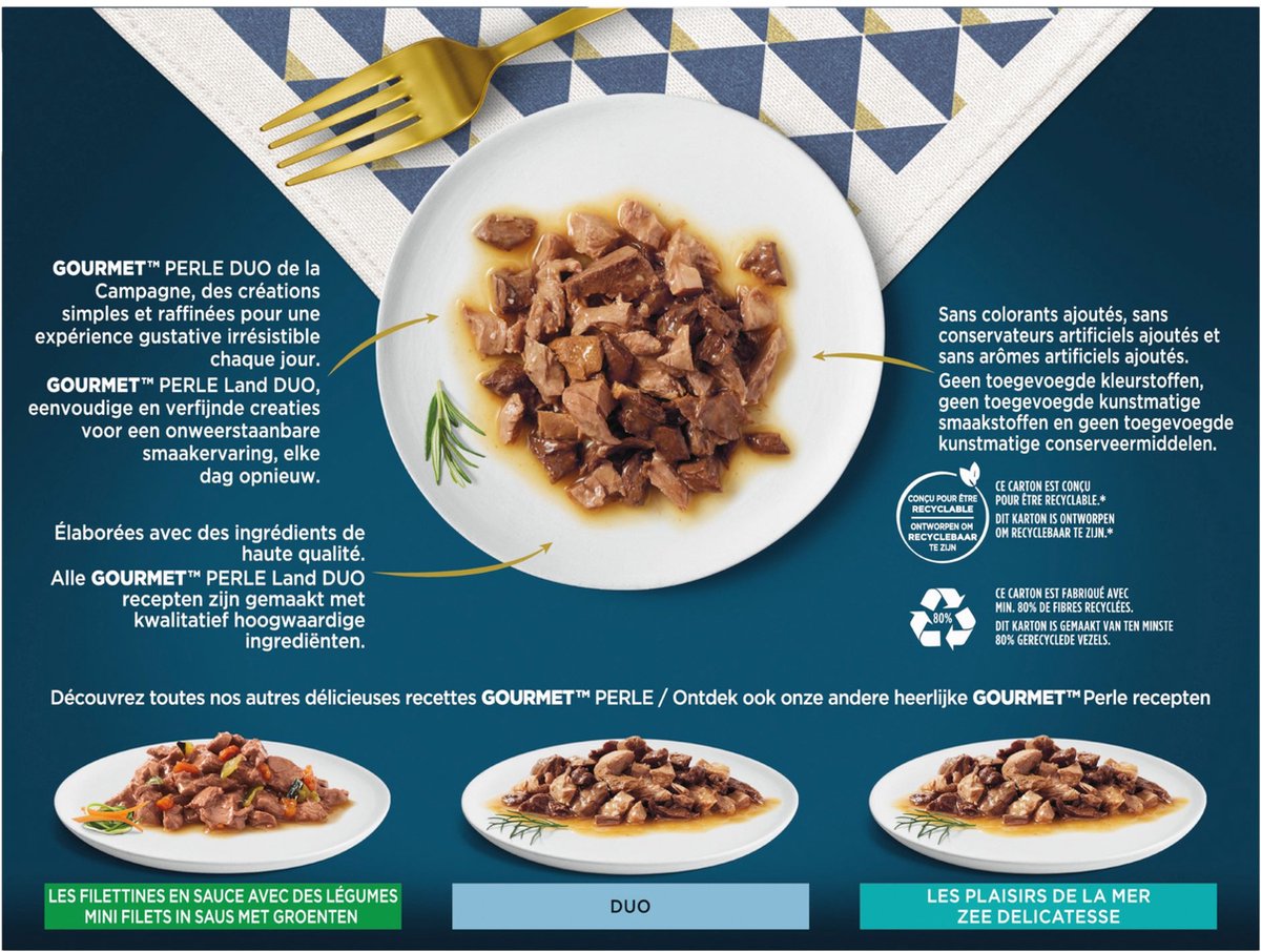  Gourmet Perle Duo – Kattenvoer Natvoer – Met Kip En Rund, Kalkoen En Lam, Kalf En Eend, Konijn En Wild – 48 X 85 Gr