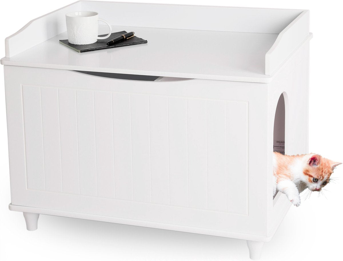  WONDERMAKE® Grote Kattenkast Houten Voor Kattenbak-box Kattentoilet, XL-kattenbak Dressoir Kastje, Designer Kattenhuis Met Kattenhol Kattenmand, Kasten Kast Voor Badkamer, 73,5 X 51,5 X 57 Cm, Wit