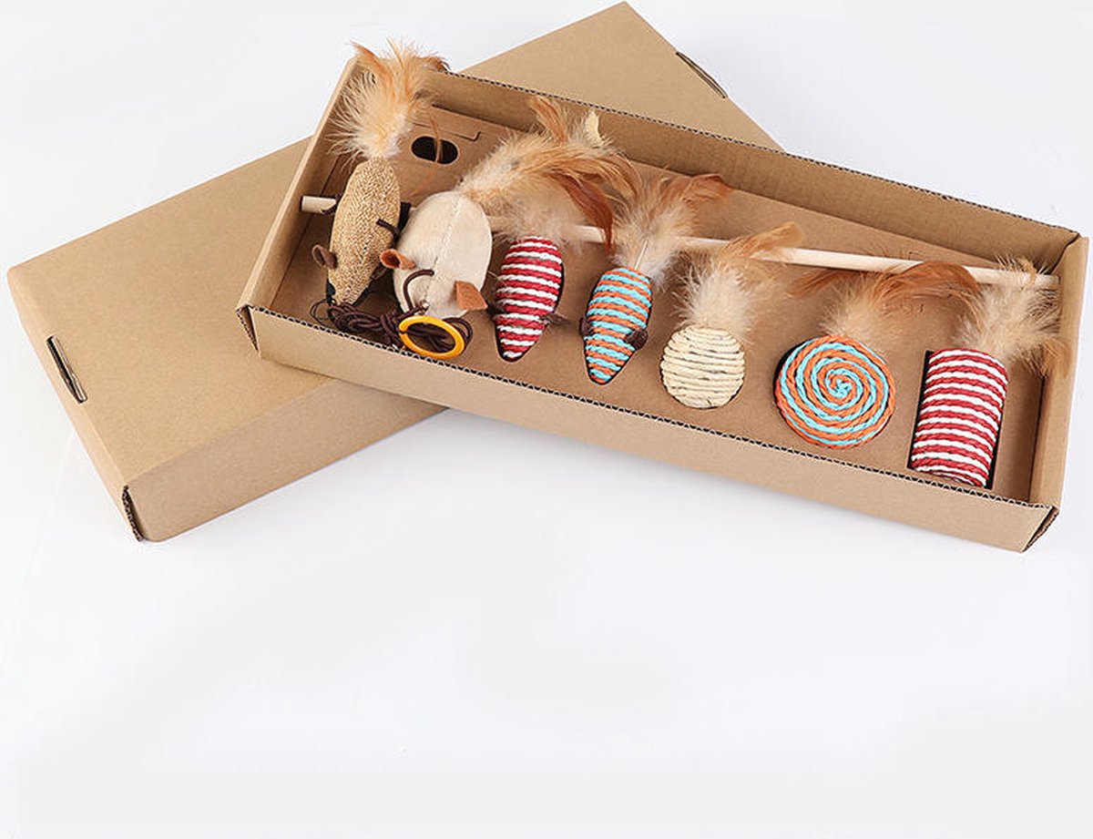  Kattenspeelgoed - Set Met 7 Kattenspeeltjes - Complete Set - Kattenhengel - Speelmuis