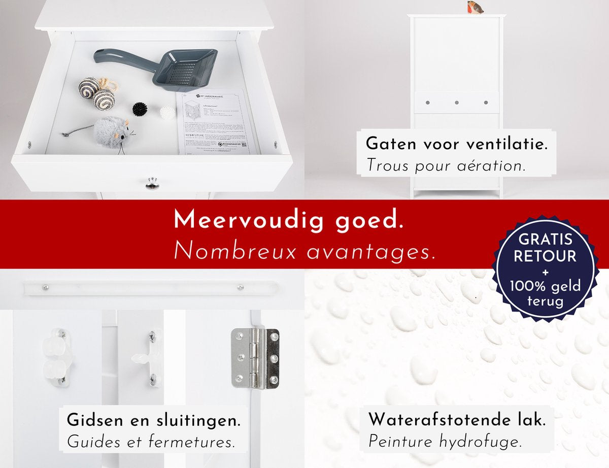  WONDERMAKE® Grote Kattenkast Houten Voor Kattenbak Kattentoilet, XL-kattenbak Dressoir Kastje Met Schuiflade, Designer Kattenhuis Met Kattenhol Kattenbakkast, Kasten Kast Voor Katten Binnen Hoog, 51 X 46 X 96 Cm, Wit