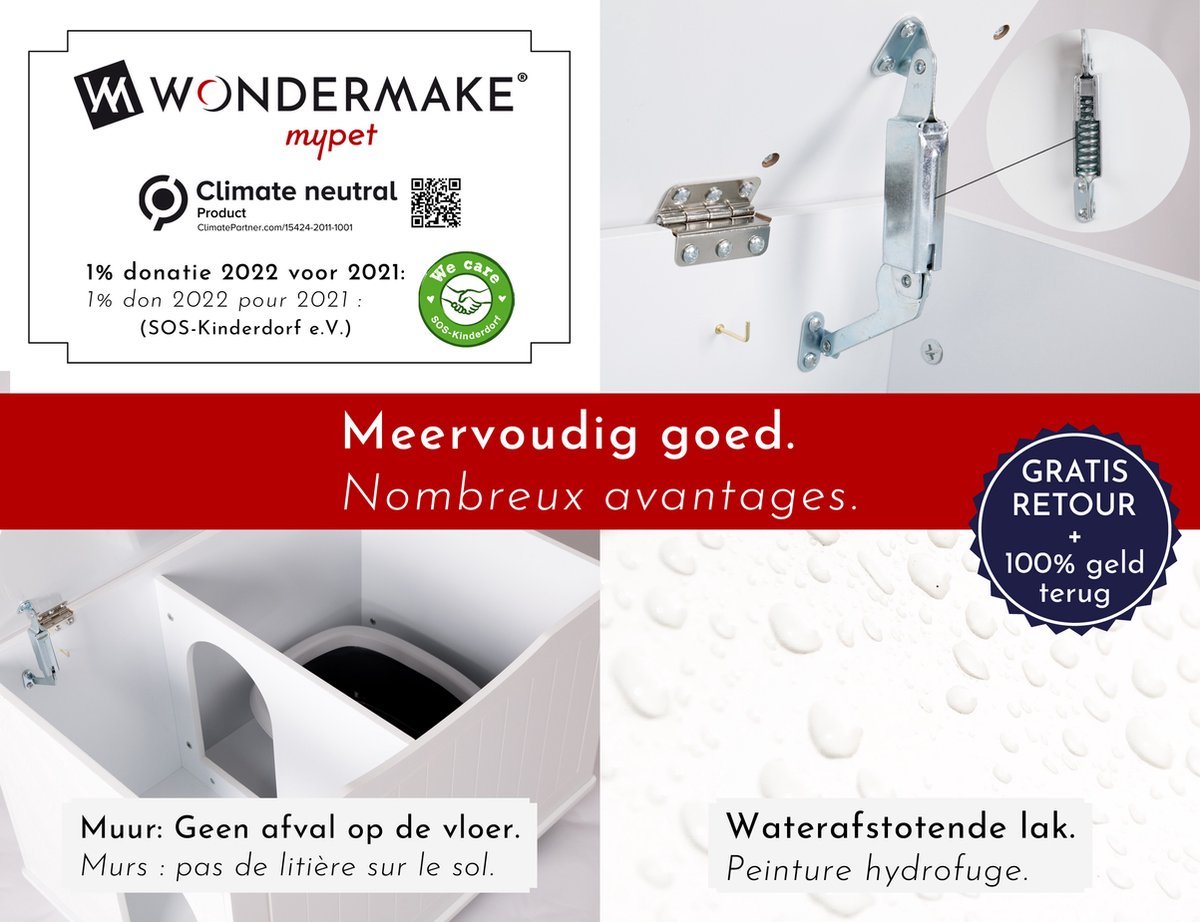  WONDERMAKE® Grote Kattenkast Houten Voor Kattenbak-box Kattentoilet, XL-kattenbak Dressoir Kastje, Designer Kattenhuis Met Kattenhol Kattenmand, Kasten Kast Voor Badkamer, 73,5 X 51,5 X 57 Cm, Wit