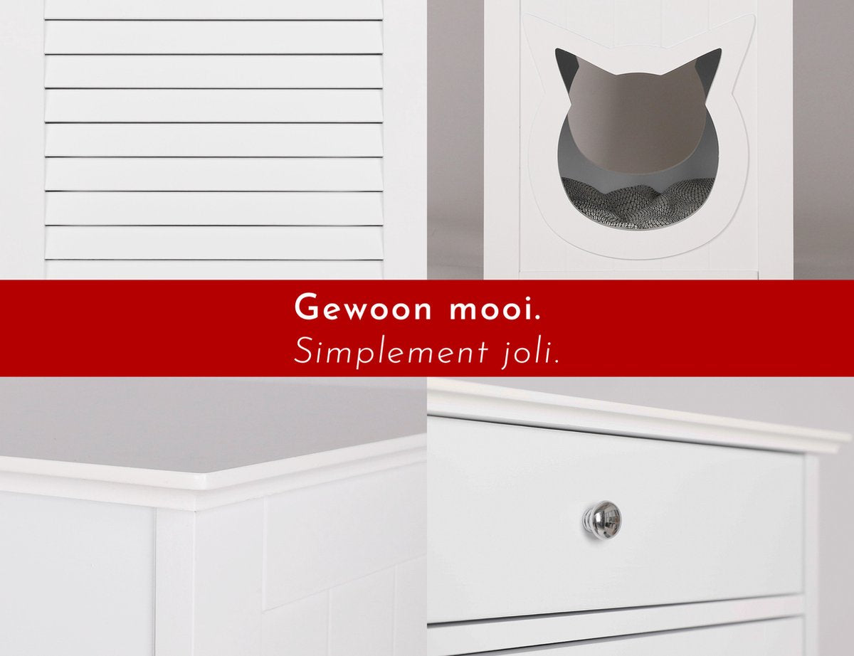  WONDERMAKE® Grote Kattenkast Houten Voor Kattenbak Kattentoilet, XL-kattenbak Dressoir Kastje Met Schuiflade, Designer Kattenhuis Met Kattenhol Kattenbakkast, Kasten Kast Voor Katten Binnen Hoog, 51 X 46 X 96 Cm, Wit