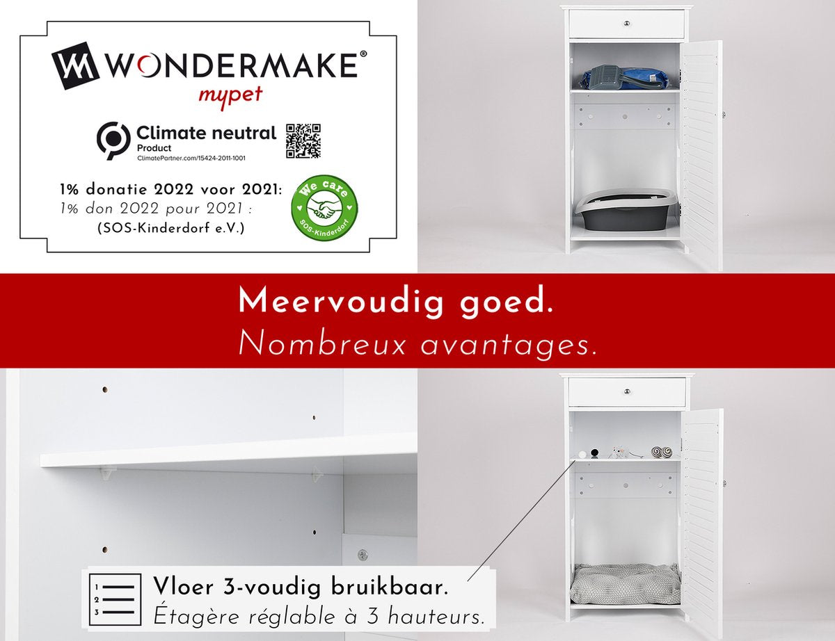  WONDERMAKE® Grote Kattenkast Houten Voor Kattenbak Kattentoilet, XL-kattenbak Dressoir Kastje Met Schuiflade, Designer Kattenhuis Met Kattenhol Kattenbakkast, Kasten Kast Voor Katten Binnen Hoog, 51 X 46 X 96 Cm, Wit