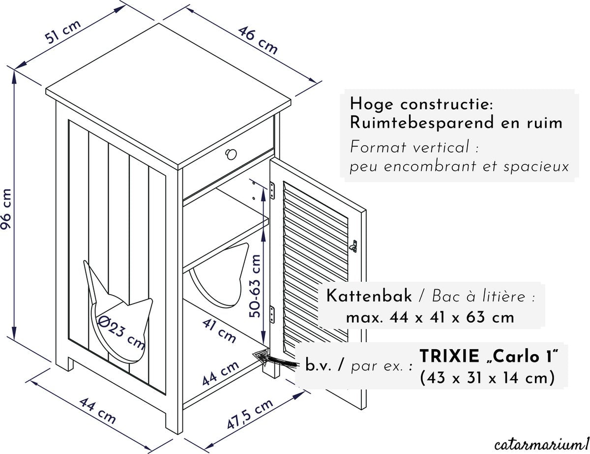  WONDERMAKE® Grote Kattenkast Houten Voor Kattenbak Kattentoilet, XL-kattenbak Dressoir Kastje Met Schuiflade, Designer Kattenhuis Met Kattenhol Kattenbakkast, Kasten Kast Voor Katten Binnen Hoog, 51 X 46 X 96 Cm, Wit