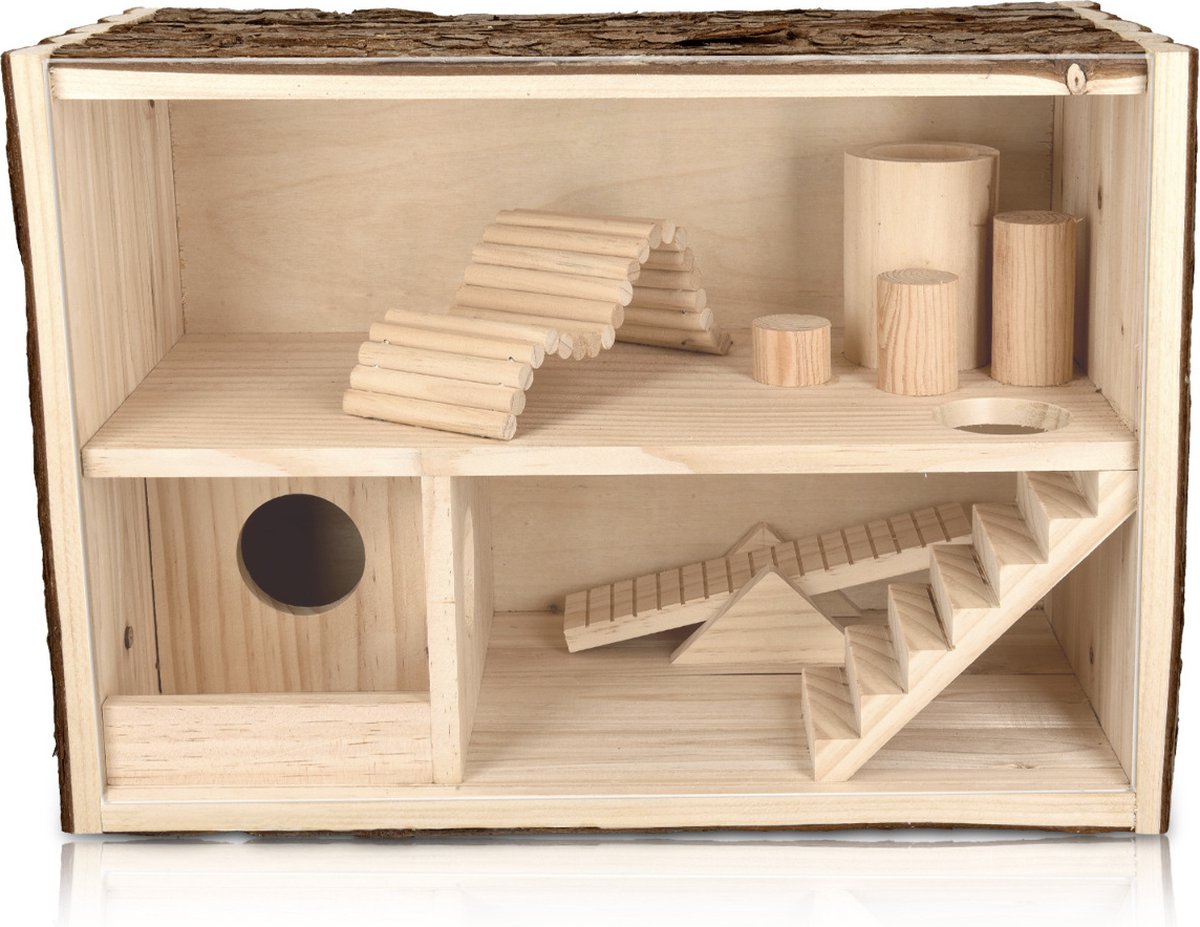  Navaris Houten Hamsterhuis - Speelhut Voor Hamsters, Kleine Knaagdieren, Gerbils, Muizen - Schuilplaats Op Twee Etages Voor Hamster, Cavia, Muis