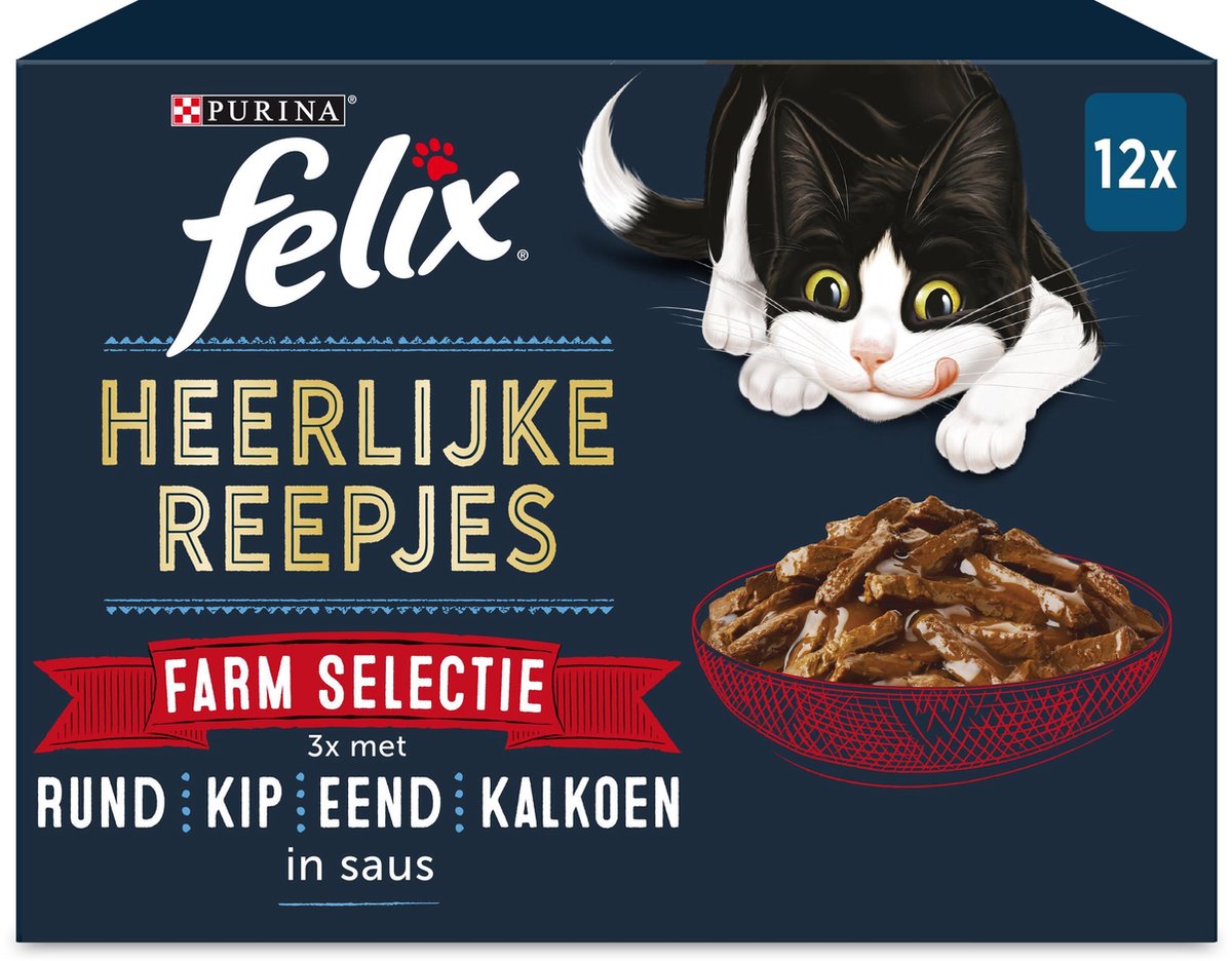  Felix Heerlijke Reepjes Farm Selectie Box - Katten Natvoer - 4 X 12 Zakjes Van 80g