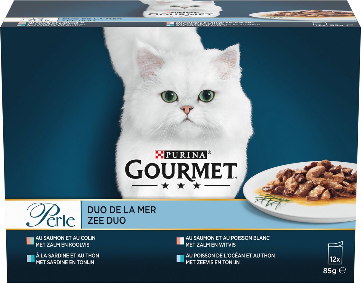  Gourmet Perle Duo – Kattenvoer Natvoer - Met Zalm En Koolvis, Zalm En Witvis, Zeevis En Tonijn, Sardine En Tonijn – 48 X 85 Gr