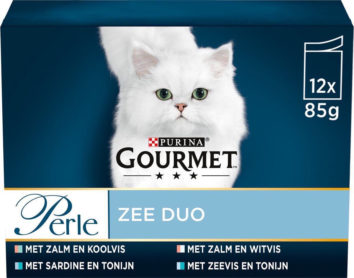 Gourmet Perle Duo – Kattenvoer Natvoer - Met Zalm En Koolvis, Zalm En Witvis, Zeevis En Tonijn, Sardine En Tonijn – 48 X 85 Gr