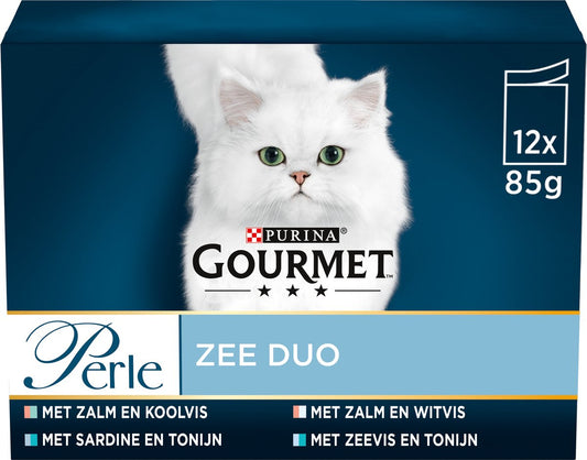  Gourmet Perle Duo – Kattenvoer Natvoer - Met Zalm En Koolvis, Zalm En Witvis, Zeevis En Tonijn, Sardine En Tonijn – 48 X 85 Gr