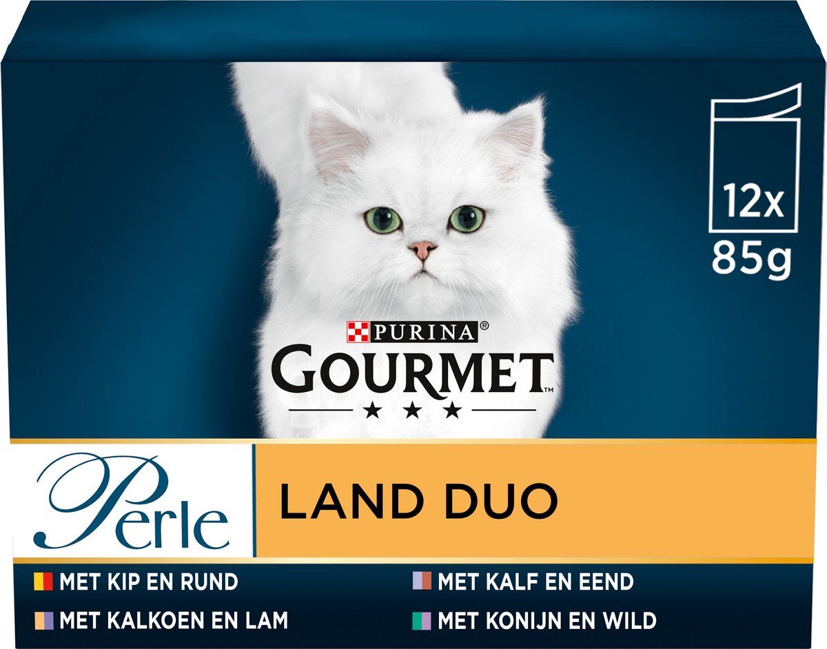  Gourmet Perle Duo – Kattenvoer Natvoer – Met Kip En Rund, Kalkoen En Lam, Kalf En Eend, Konijn En Wild – 48 X 85 Gr