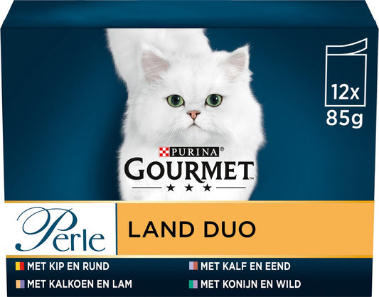  Gourmet Perle Duo – Kattenvoer Natvoer – Met Kip En Rund, Kalkoen En Lam, Kalf En Eend, Konijn En Wild – 48 X 85 Gr