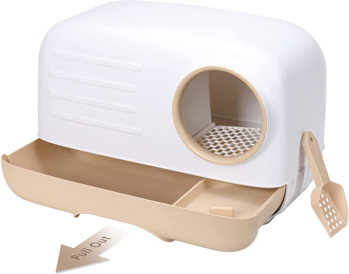 Merkloos PETLUX® XL Kattenbak Retro Design Met Lade, Schep En Opbergruimte - Grote Kattenbak - Kaki