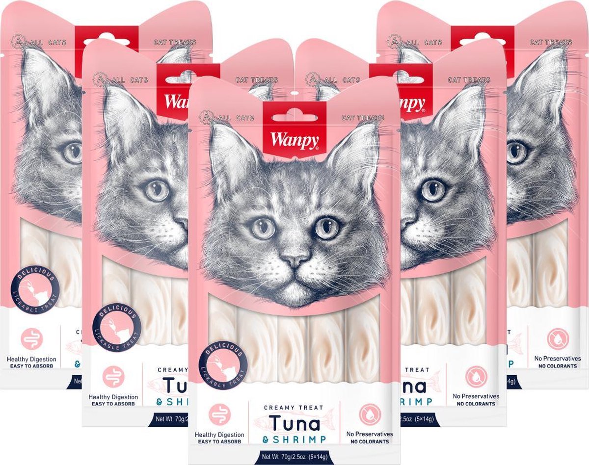  Wanpy Creamy Lickable Treats Tonijn En Garnaal - Voordeelbundel 5 Stuks - Kattensnack