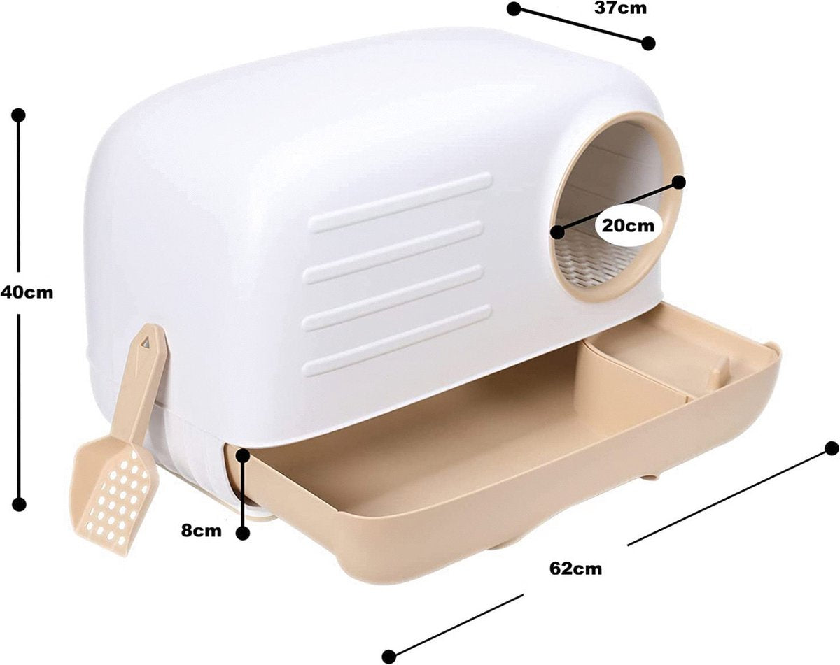 Merkloos PETLUX® XL Kattenbak Retro Design Met Lade, Schep En Opbergruimte - Grote Kattenbak - Kaki