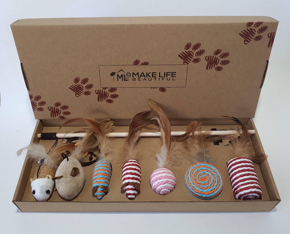  Make Life Beautiful® - Kattenspeeltjes Set - 7-delig - Kattenspeelgoed - Kattenhengel - Speelmuisjes - Kattenspeelgoed Set