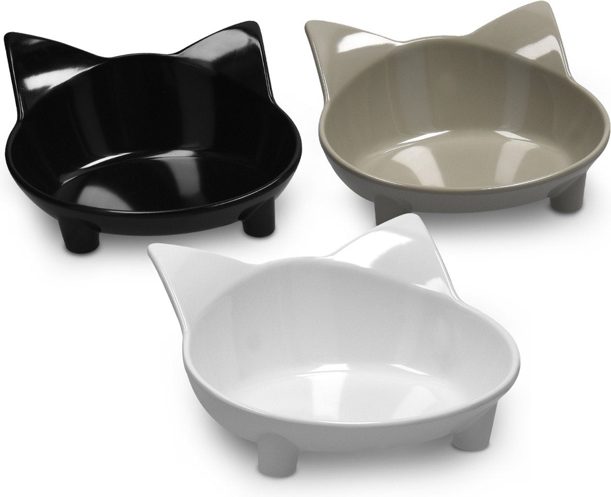  Navaris Voerbakjes Voor Katten - Set Van 3 Voer- En Waterbakken - Met Kattenkopjes Vorm - Antislip - Etensbakjes In Grijs, Wit En Zwart
