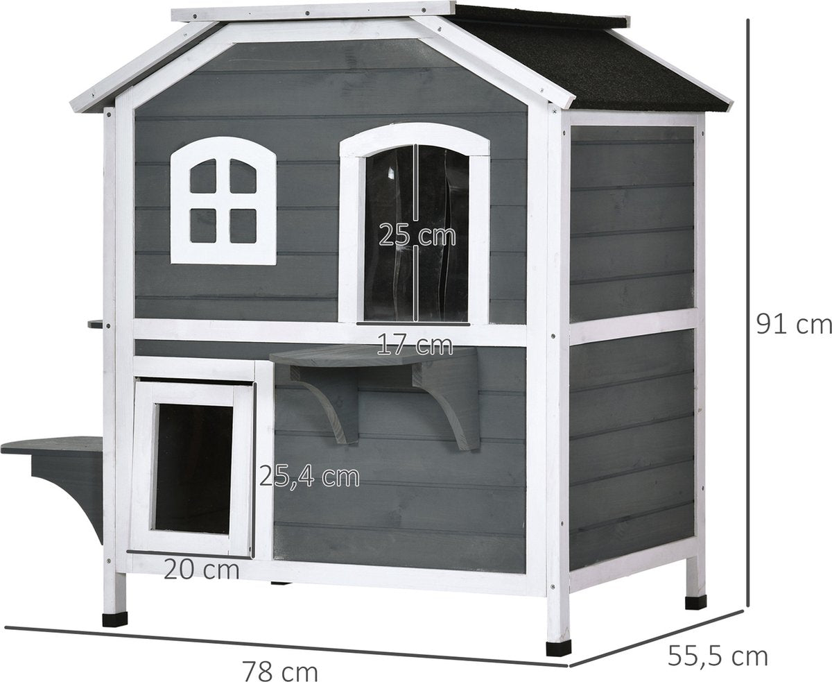  PawHut Kattenhuis Voor Buiten Kattenhut Met 2 Verdiepingen Kattenvilla, Asfaltdak, Massief Hout Grijs D30-236