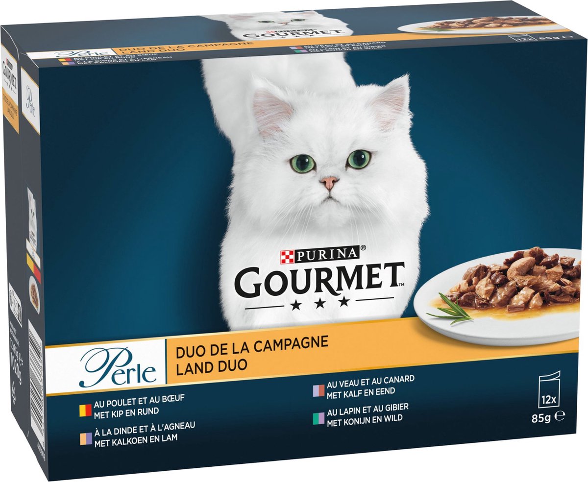  Gourmet Perle Duo – Kattenvoer Natvoer – Met Kip En Rund, Kalkoen En Lam, Kalf En Eend, Konijn En Wild – 48 X 85 Gr