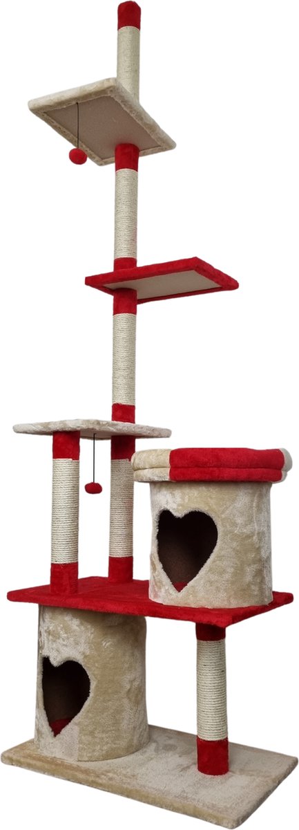  Topmast Krabpaal Parcival - Beige &amp; Rood - 70 X 40 X 250-270 Cm - Met Plafondspanner - Krabpaal Voor Katten - Krabpalen Voor Grote Katten - Met Sisal Touw