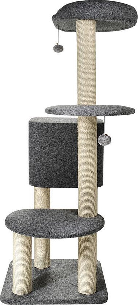  Krabpaal Kat Grijs - Kattenspeeltjes - Krabpalen - 50 X 50 X 140 Cm - 3 Verdiepingen - Sisal Touw - Kattenboom