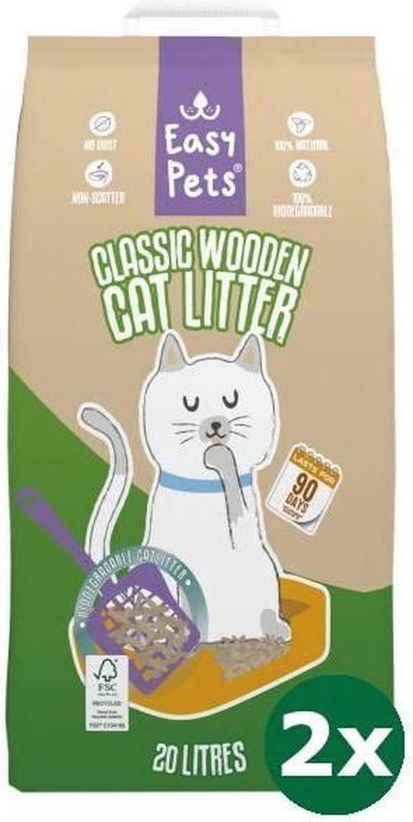  2x20 Ltr Easypets Biodegradable Classic Houtkorrels Kattenbakvulling Kattenbakvulling