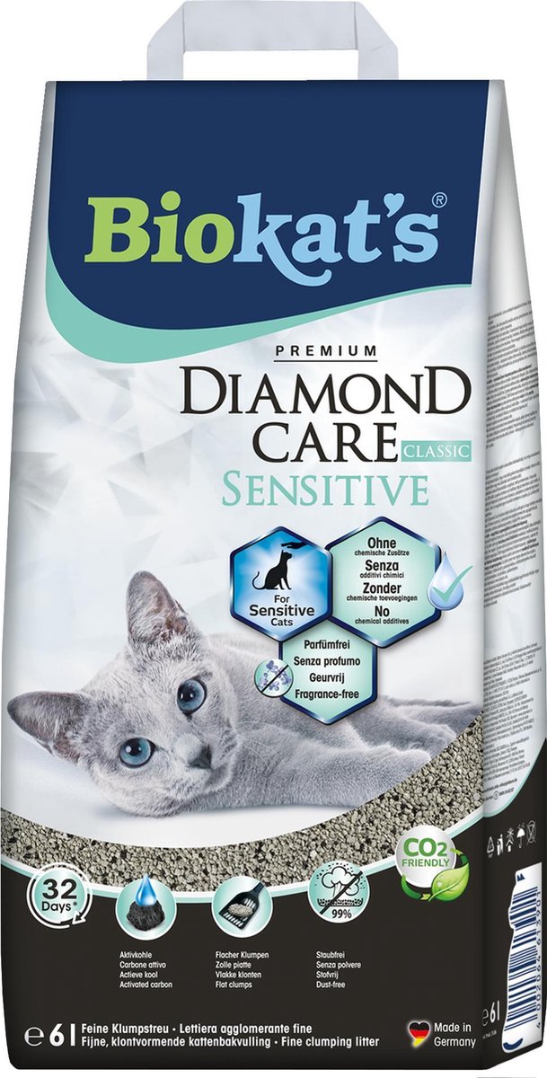  Biokat's Diamond Care Sensitive Classic - 6 L - Kattenbakvulling - Klontvormende - Zonder Geur - Aktieve Kool - Voor Gevoelige Katten