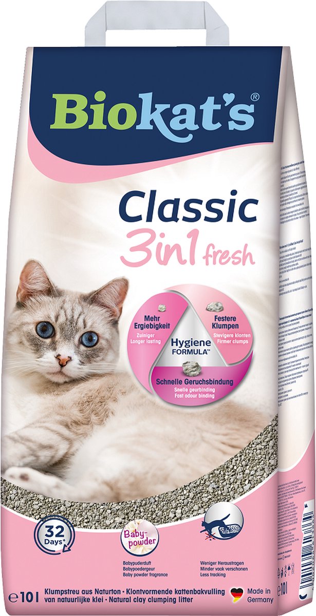  Biokat's Classic Fresh 3in1 Babypoeder - 10 L - Kattenbakvulling - Klontvormend - Babypoeder Geur