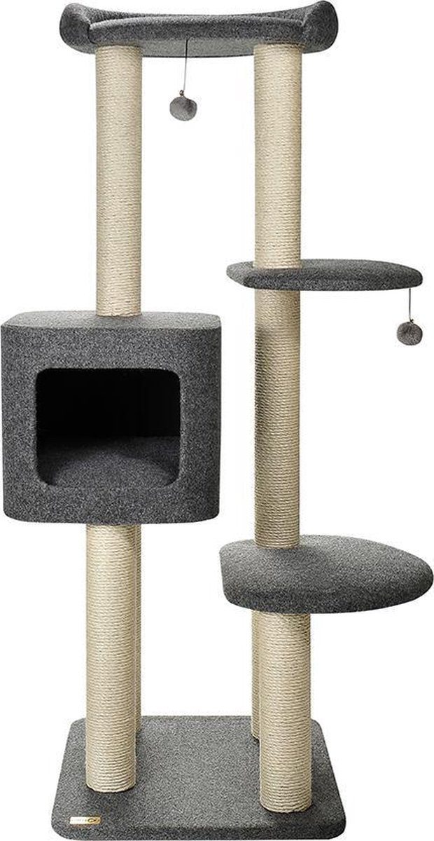  Krabpaal Kat Grijs - Kattenspeeltjes - Krabpalen - 50 X 50 X 140 Cm - 3 Verdiepingen - Sisal Touw - Kattenboom