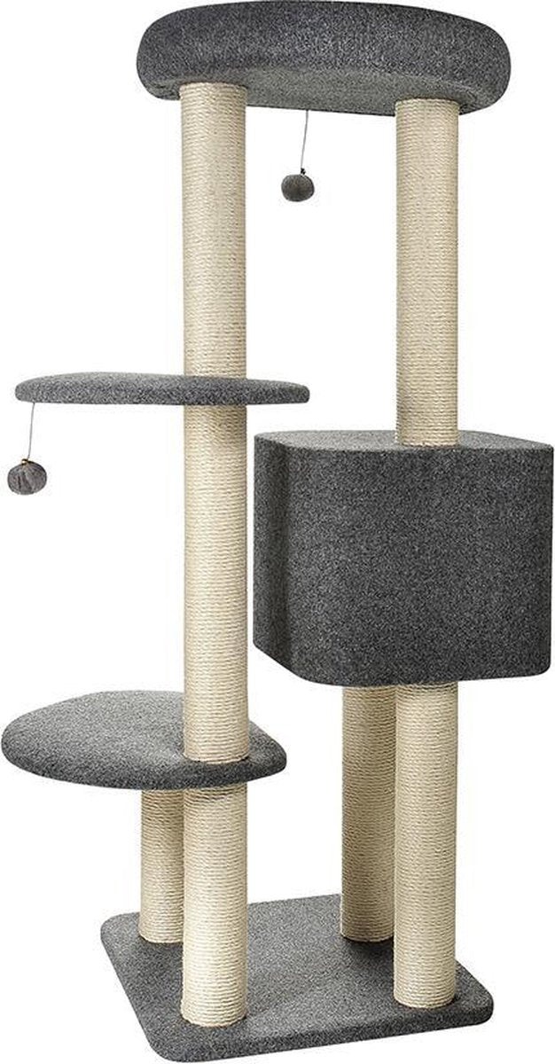  Krabpaal Kat Grijs - Kattenspeeltjes - Krabpalen - 50 X 50 X 140 Cm - 3 Verdiepingen - Sisal Touw - Kattenboom