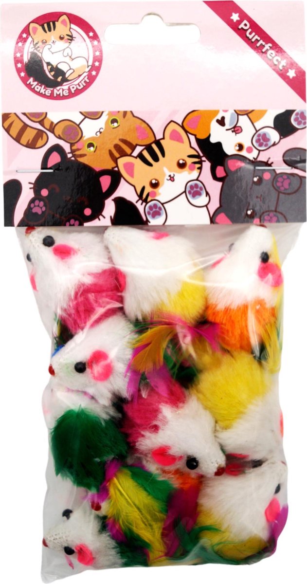  Make Me Purr Fluffy Muizen Met Veer (10 Stuks) - Kattenspeeltjes - Kattenspeelgoed - Speelgoed Voor Katten - Kat Speeltje Muis - Kitten Speeltjes Muisjes