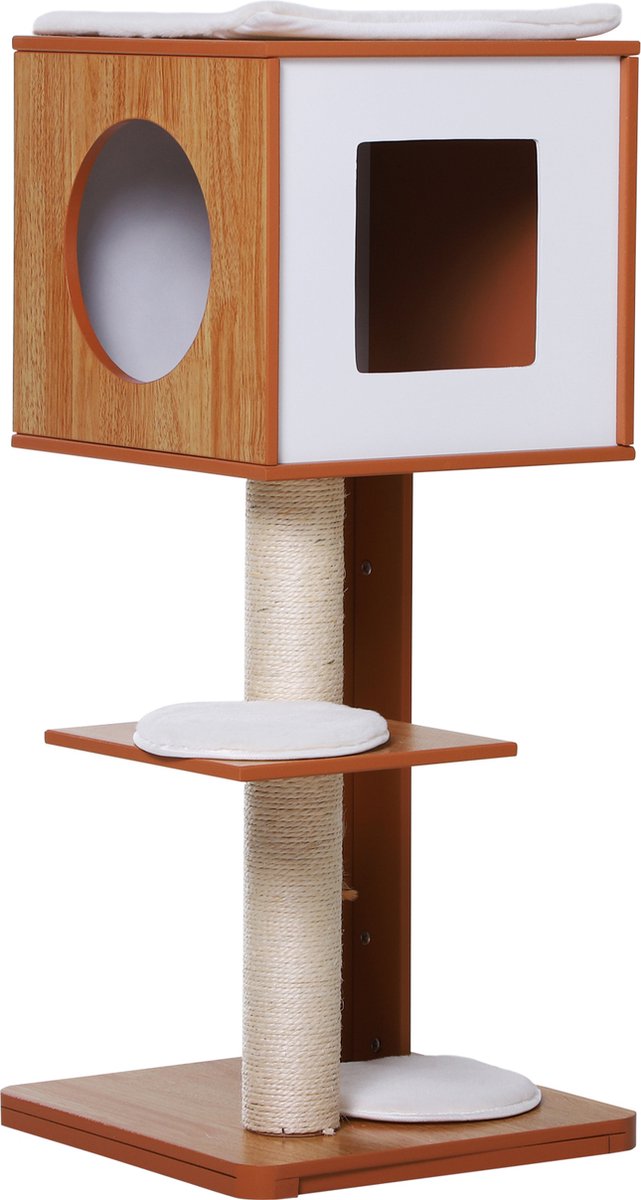  PawHut Krabpaal Met Grot &amp; Sisal Paal Kattenboom Kattenmeubel 4 Kussens MDF D30-206V01