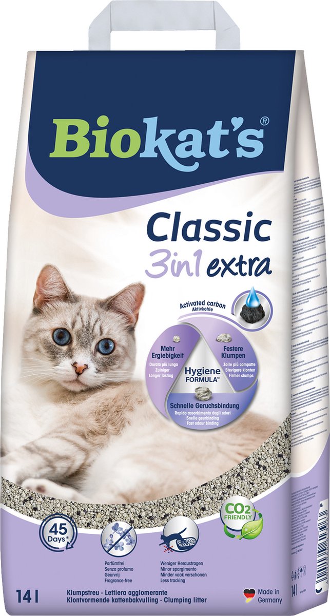  Biokat's Classic 3in1 Extra - 14 L - Kattenbakvulling - Klontvormend - Parfumvrij - Actieve Kool
