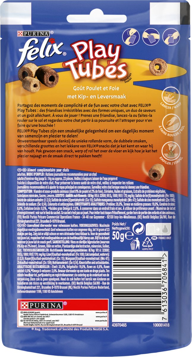  Felix PlayTubes - Kattensnacks - Kip &amp; Lever - 8 X 50g