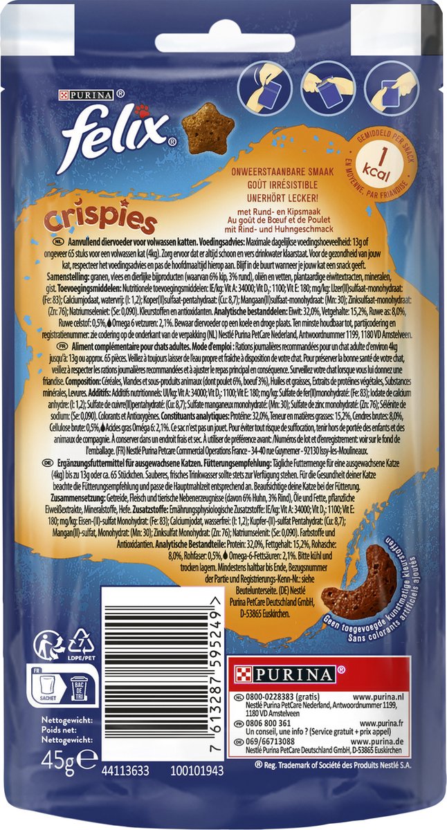  Felix Crispies - Kattensnacks Rund &amp; Kip - 8 X 45g