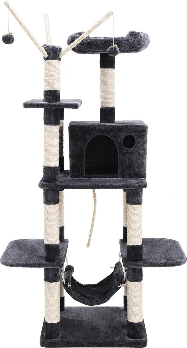  XXL Luxe Katten Krappaal Met Hangmat &amp; Katten Huisjes - Activity Center - Grote Krappaal Klimpaal Met Speelset - Krabmeubel 154 CM Hoog - Grijs