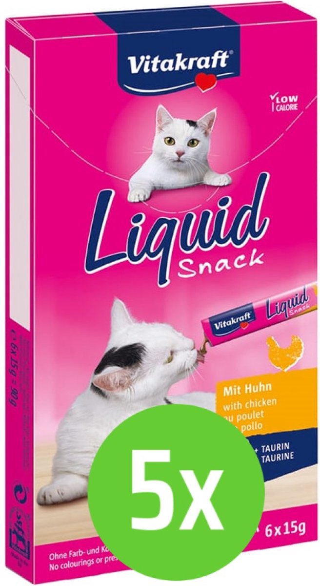 Merkloos Vitakraft Cat Liquid-Snack Kip &amp; Taurine 6 Stuks - 5 Verpakkingen