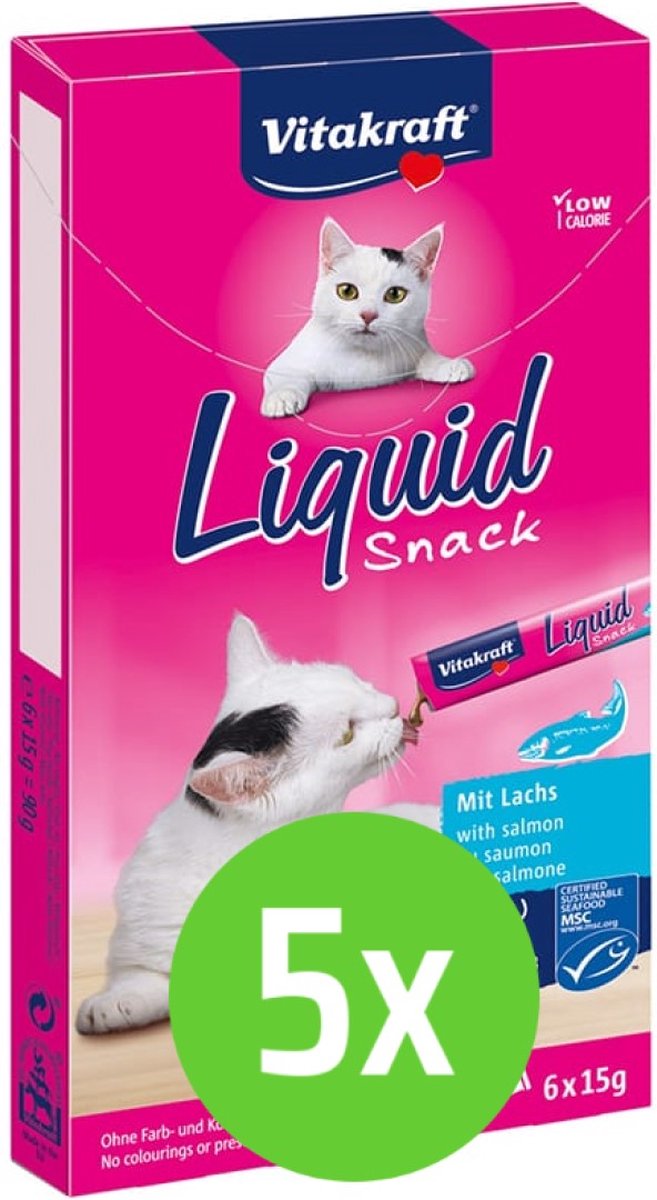 Merkloos Vitakraft Cat Liquid-Snack Zalm &amp; Omega 6 Stuks - 5 Verpakkingen