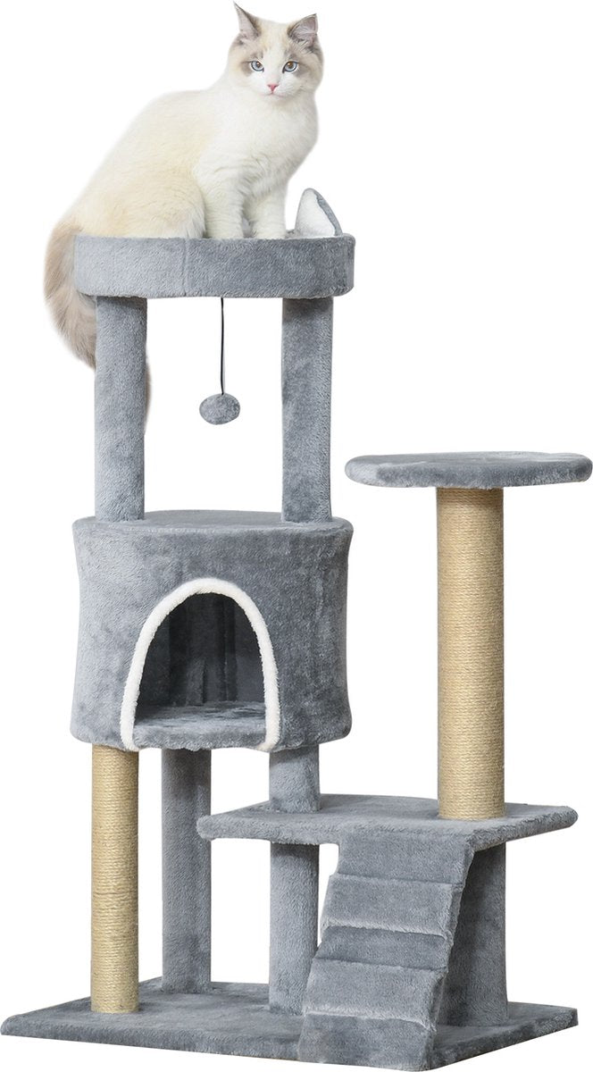  PawHut Krabpaal Kattenboom Met Kattengrot Trap Spaanplaat Jute Grijs D30-360