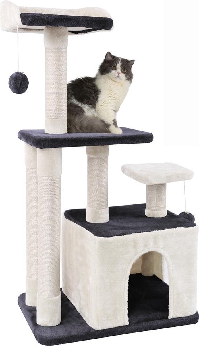 Merkloos MC Star Krabpaal 100cm Met Schraper Meerdere Platforms, Tweedeurs Kattengrotten, Speelgoedballen Met Bellen, Krabbed Natuurlijk Sisal Katten Spelletjes - Grijs&amp;Beige, 100cm