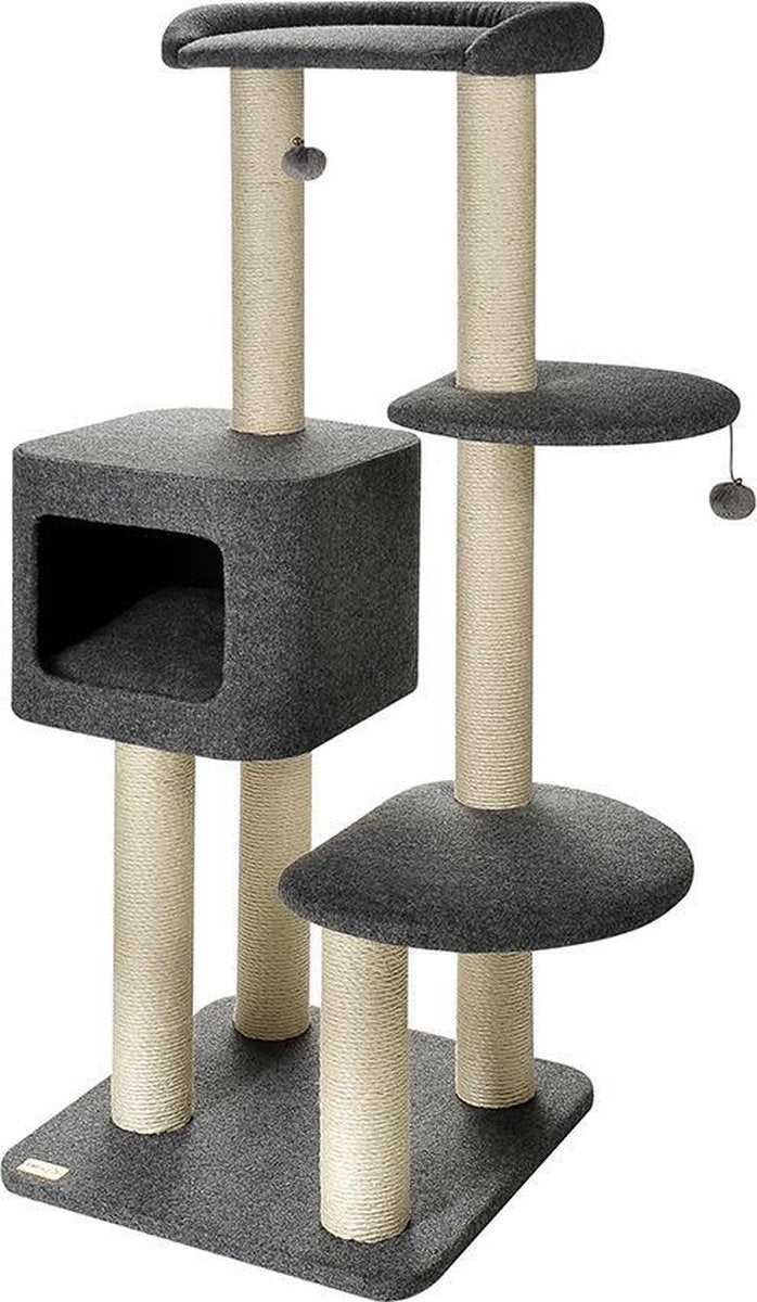  Krabpaal Kat Grijs - Kattenspeeltjes - Krabpalen - 50 X 50 X 140 Cm - 3 Verdiepingen - Sisal Touw - Kattenboom