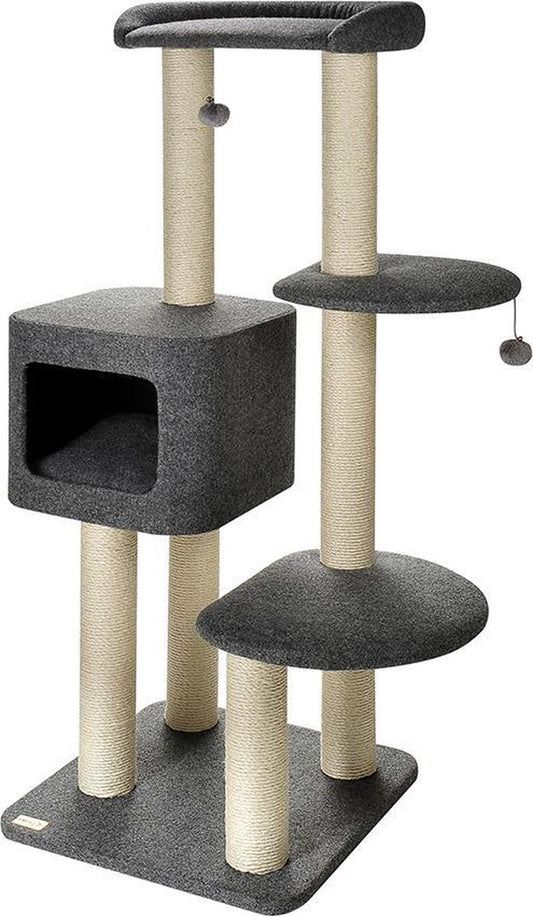  Krabpaal Kat Grijs - Kattenspeeltjes - Krabpalen - 50 X 50 X 140 Cm - 3 Verdiepingen - Sisal Touw - Kattenboom