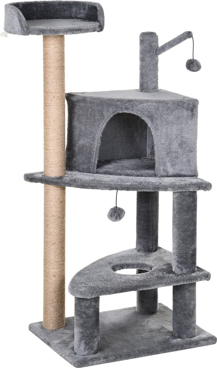  PawHut Krabpaal Met Speelballen Kattenkrabpaal Kattenhuis Jute Paal, Grijs D30-281